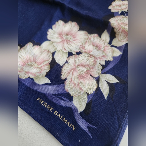 Pierre Balmain Floral Navy Cotton Scarf Handkerchief - Picture 4 of 4